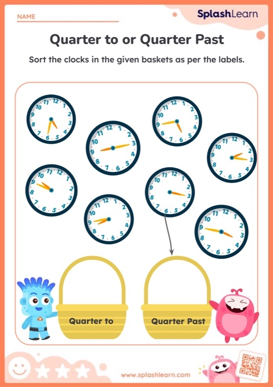 Worksheet for teaching second graders how to tell time to the quarter hour