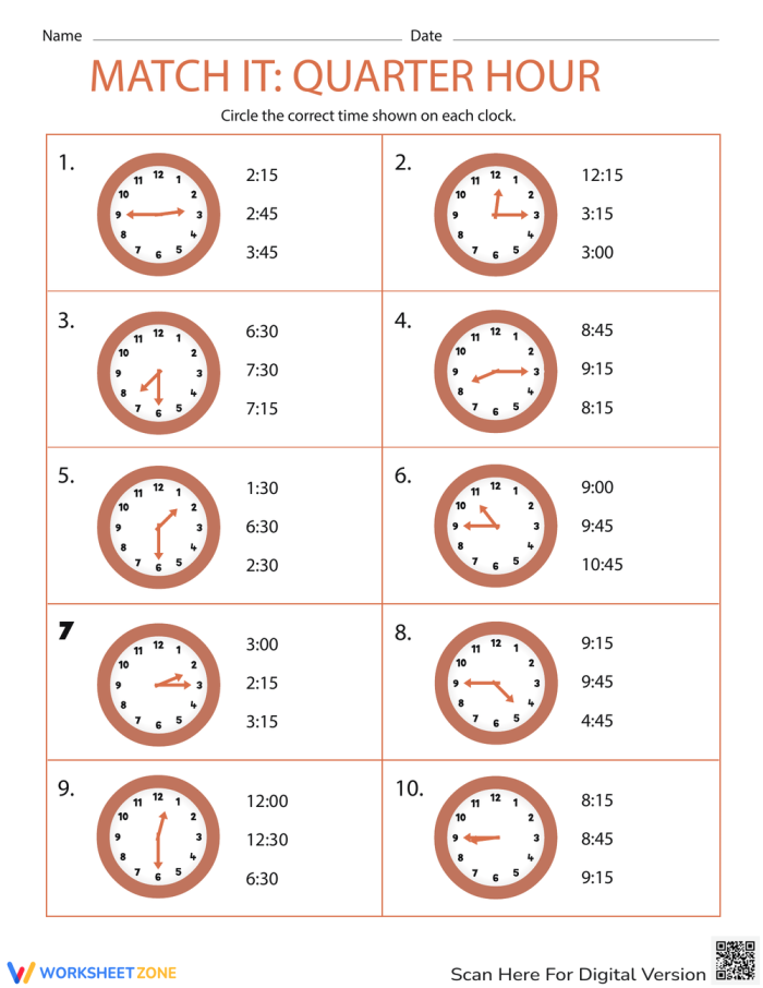 Second grade student completing a Match It: Quarter Hour math worksheet about reading analog clocks