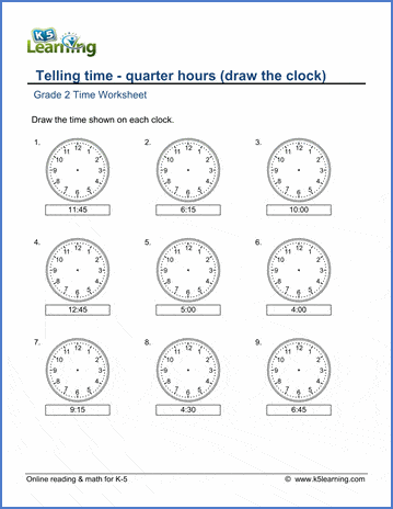 Worksheet for teaching second graders how to tell time to the quarter hour