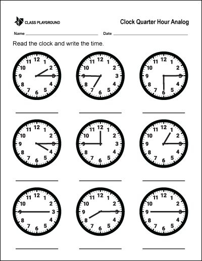Quarter hour practice worksheet for second graders focusing on telling time