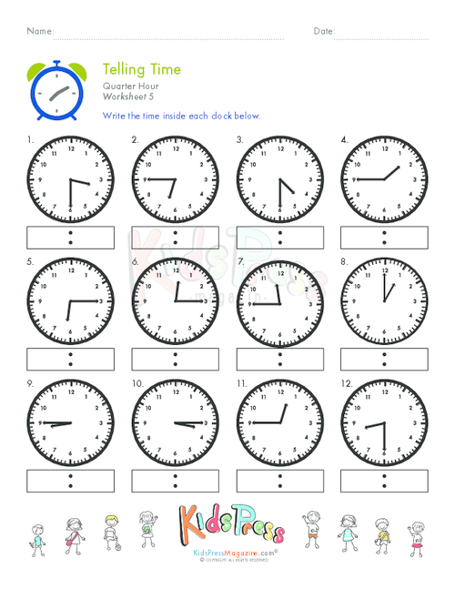 Worksheet for second graders on telling time to the quarter hour
