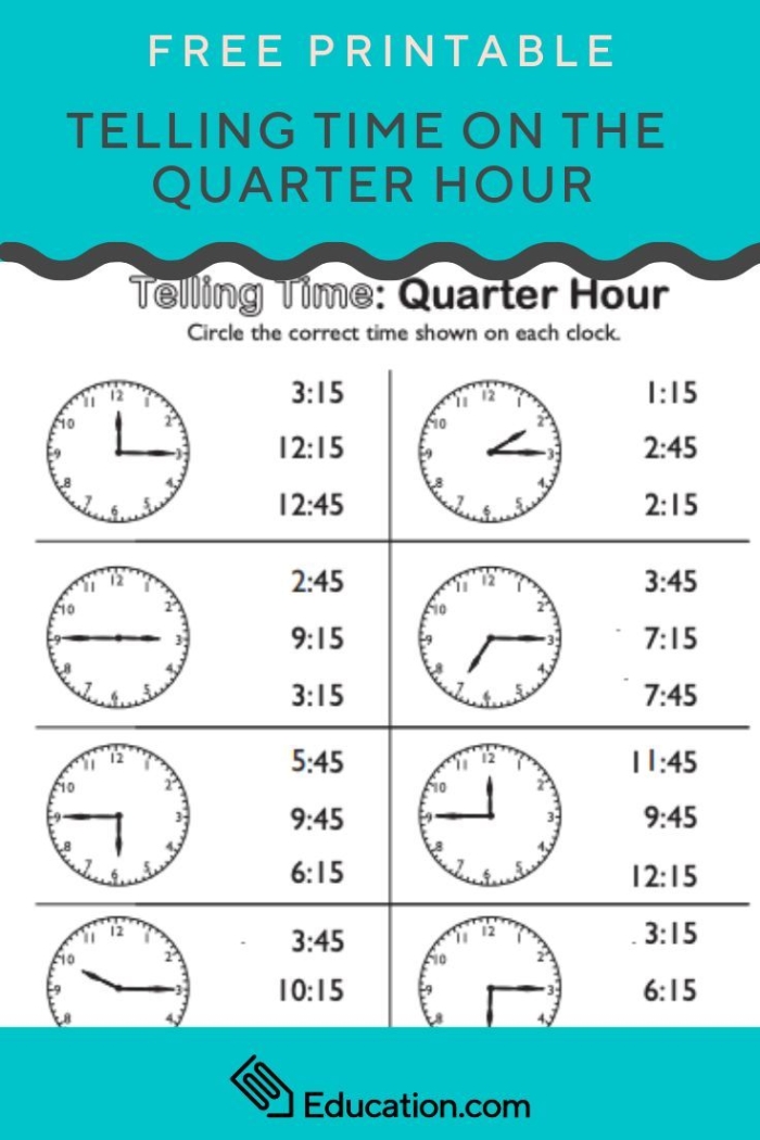 Telling Time on the Quarter Hour: Match It worksheet for extra practice Worksheet for practicing telling time on the quarter hour for second graders