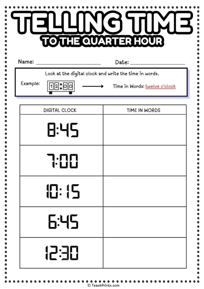 Second grade worksheet showing analog clocks for students to practice telling time to the quarter hour