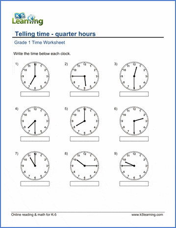 Second grade student worksheet for practicing telling time to the quarter hour