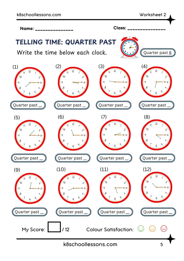 Second grade math worksheet for practice telling time to the quarter hour