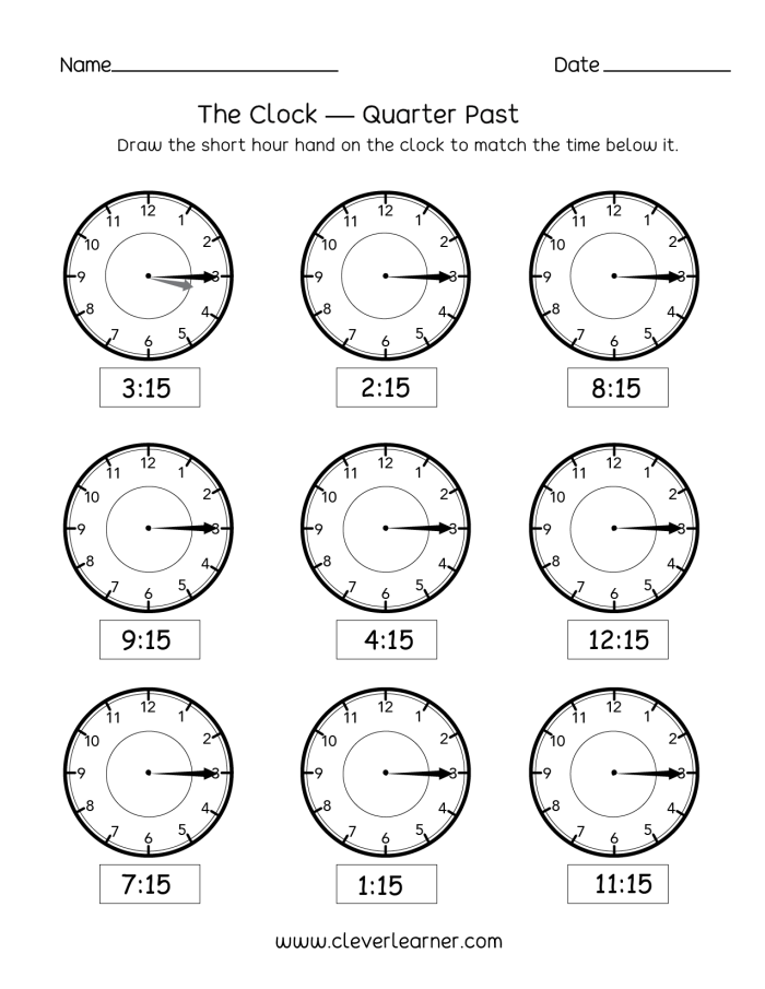Second grade student practicing how to tell time to the quarter hour on an educational worksheet