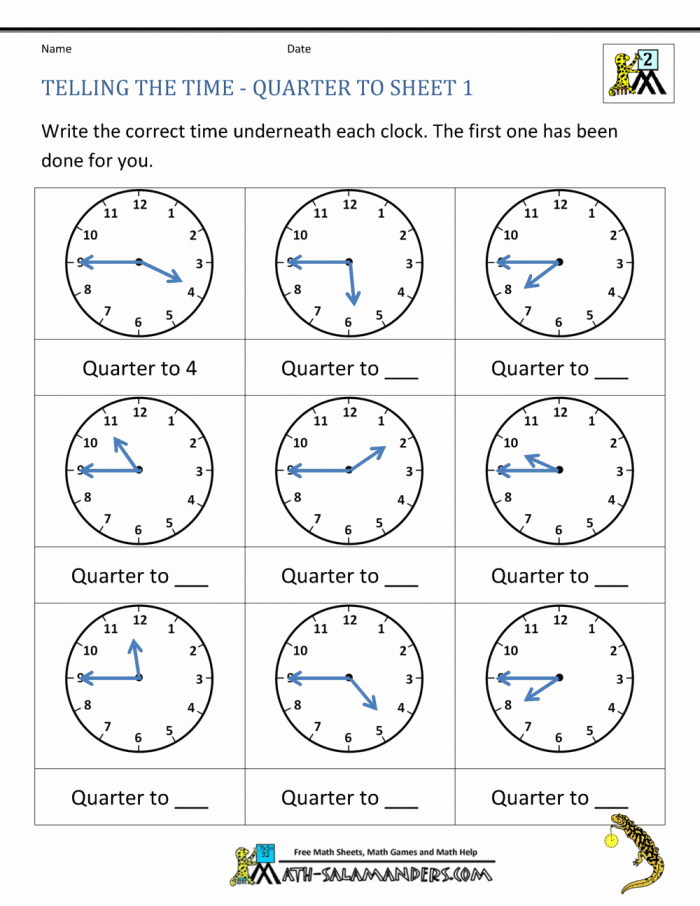 Second grade math worksheet demonstrating how to tell time to the quarter hour
