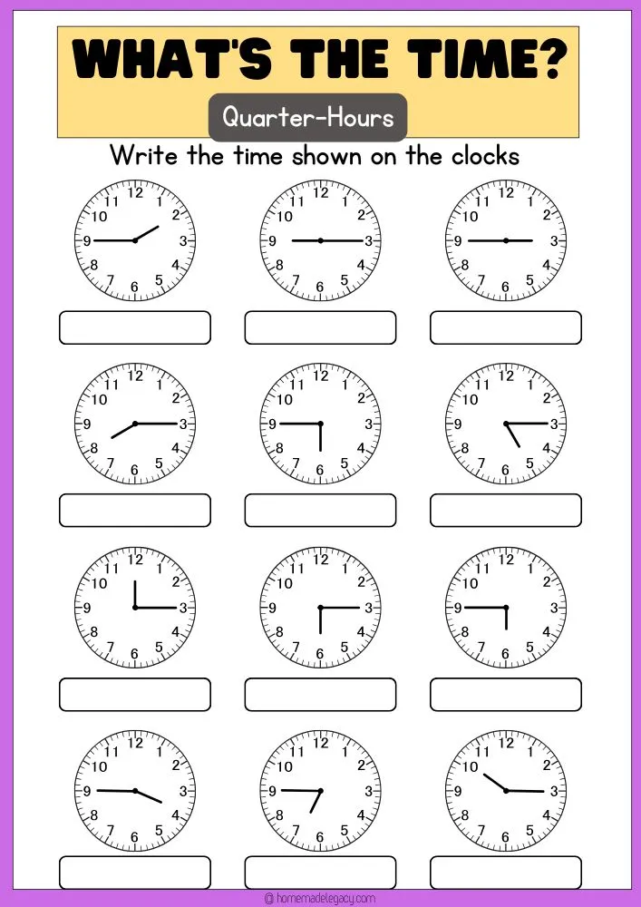 Worksheet for teaching second graders how to tell time to the quarter hour
