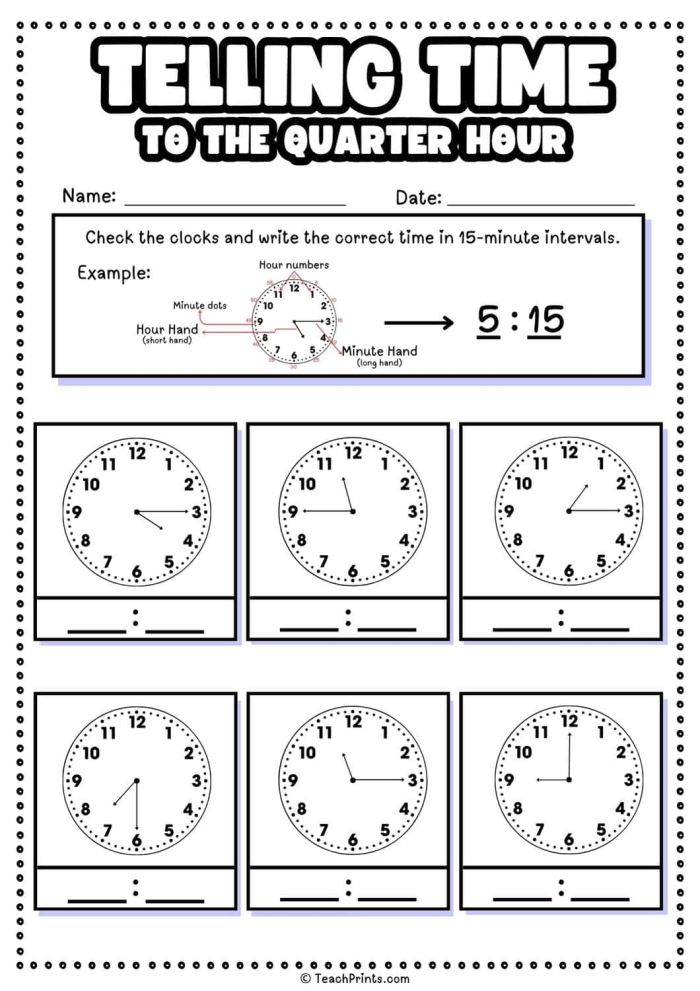 Second grade math worksheet featuring analog clocks for practicing telling time to the quarter hour