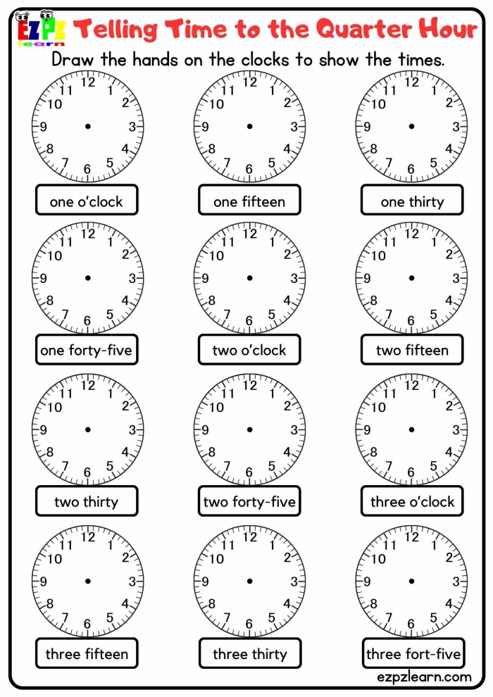 Worksheet for second graders on telling time to the quarter hour with engaging visuals