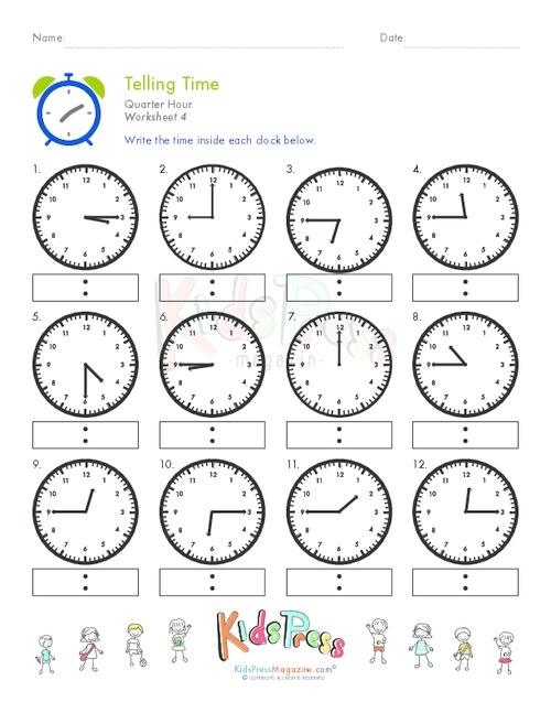 Worksheet for teaching second graders how to tell time to the quarter hour