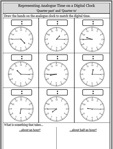 Worksheet for second graders on telling time to the quarter hour