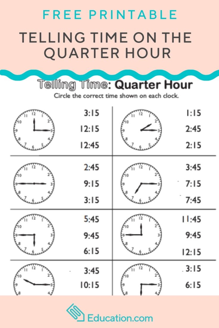 Second grade student practicing telling time to the quarter hour on a matching worksheet