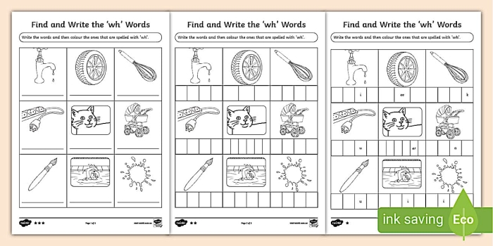 Second grade student practicing who what where why and when question words on a grammar worksheet