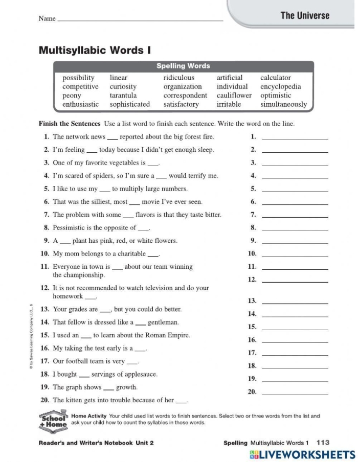 Second grade students practicing phonics by sorting multisyllabic R-controlled vowel words on a worksheet