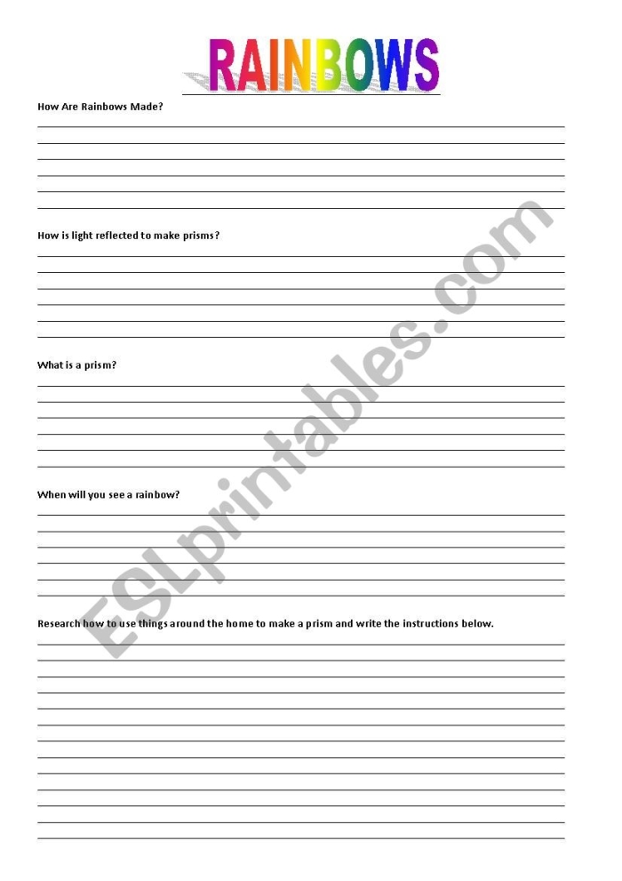 Colorful illustration of a second-grade science worksheet for creating rainbows using light and water