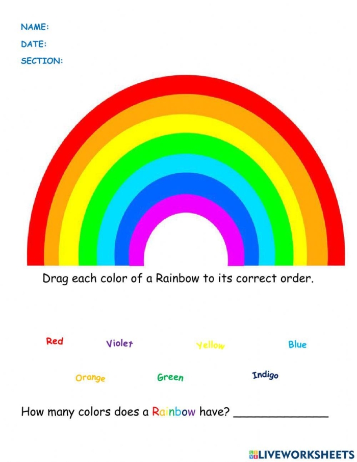Worksheet illustrating a science experiment on how rainbows are formed using light and water