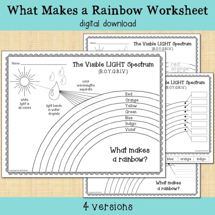 Worksheet for observing rainbow formation through light and water science experiment