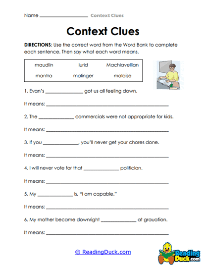 Worksheet image showcasing various strategies for vocabulary building in grammar and mechanics Second graders exploring the meanings of unknown words using the Read the Word Clues worksheet