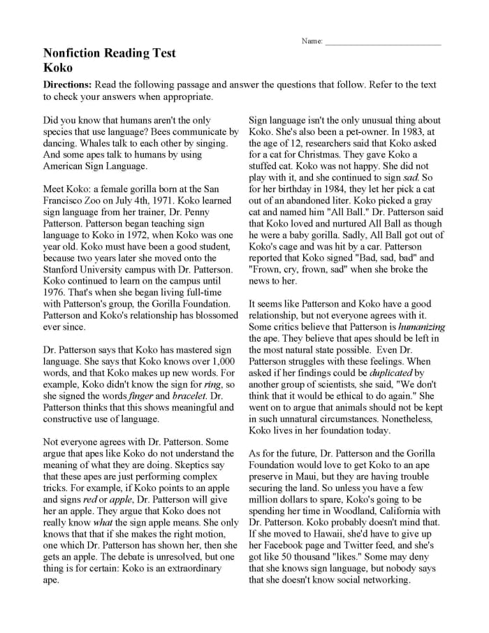 Second grade reading comprehension practice test worksheet with multiple choice questions