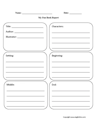 A second grade student's book report worksheet with spaces to write the book title, author, and favorite parts of the story