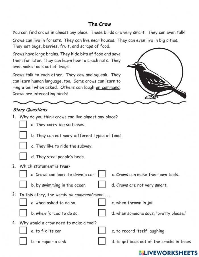 A worksheet featuring The Crow and the Jug for second graders to enhance reading comprehension