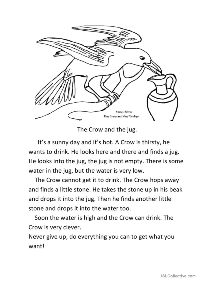 A worksheet featuring The Crow and the Jug for second graders to enhance reading comprehension skills