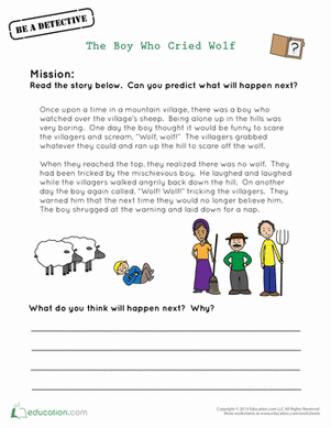 Second grade student working on a The Boy Who Cried Wolf reading comprehension worksheet