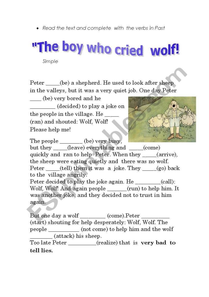 Second grade student completing a reading comprehension worksheet about The Boy Who Cried Wolf