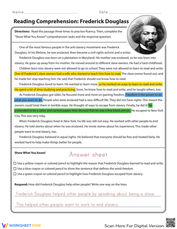 Second grade student worksheet featuring a reading comprehension passage about Frederick Douglass