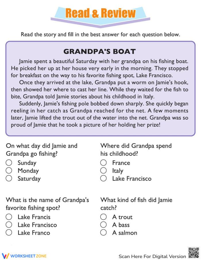 Second grade reading comprehension worksheet featuring a story about a girl named Jamie fishing with her grandpa on a boat