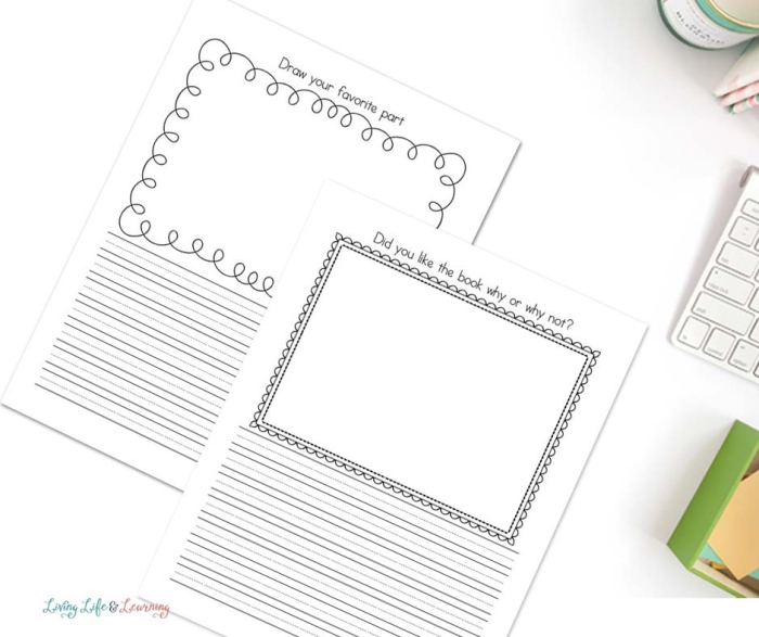 A second grade student completing a book report worksheet with spaces for title, author, and favorite parts