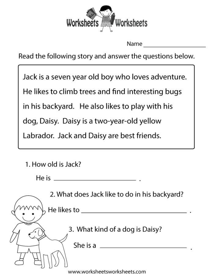 Worksheet for second graders to practice reading comprehension skills