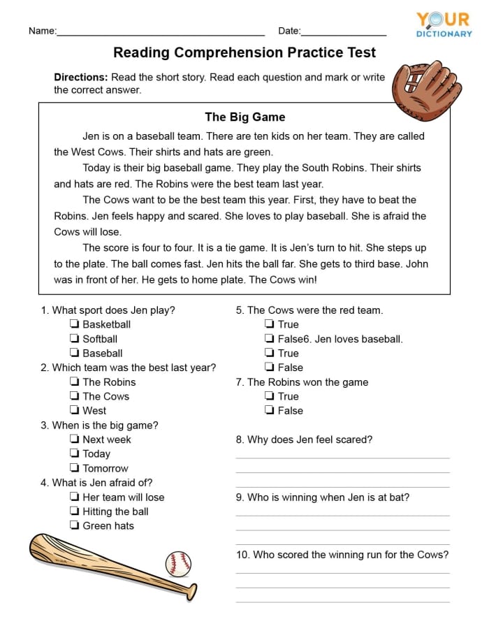 Second grade reading comprehension practice test worksheet with multiple choice questions