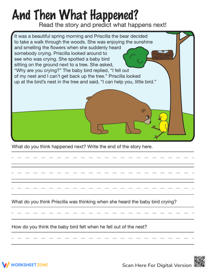 Second grade writing worksheet about predicting what happens next to practice reading comprehension