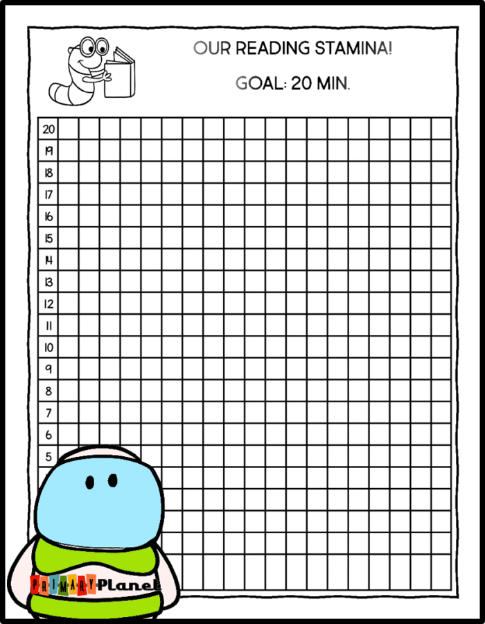 Reading stamina chart worksheet designed for second graders to monitor their independent reading time. Visual aid for tracking reading habits and progress in a fun way.
