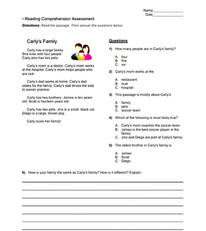 Second grade reading comprehension practice test worksheet with questions about a short story
