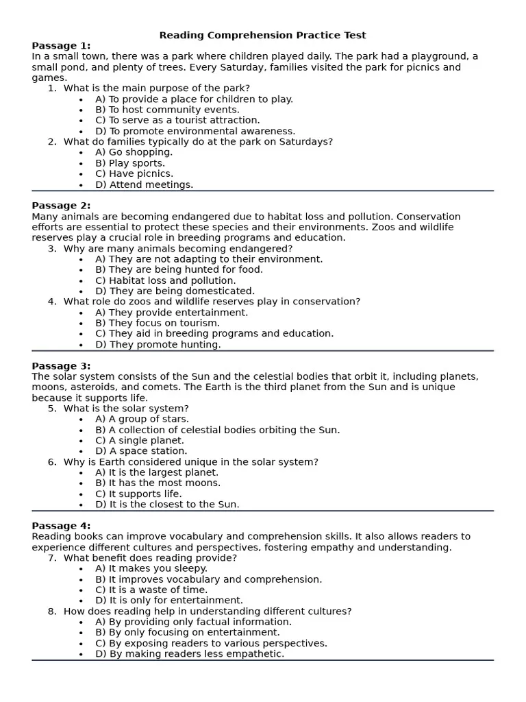 Second grade student completing a reading comprehension practice test worksheet