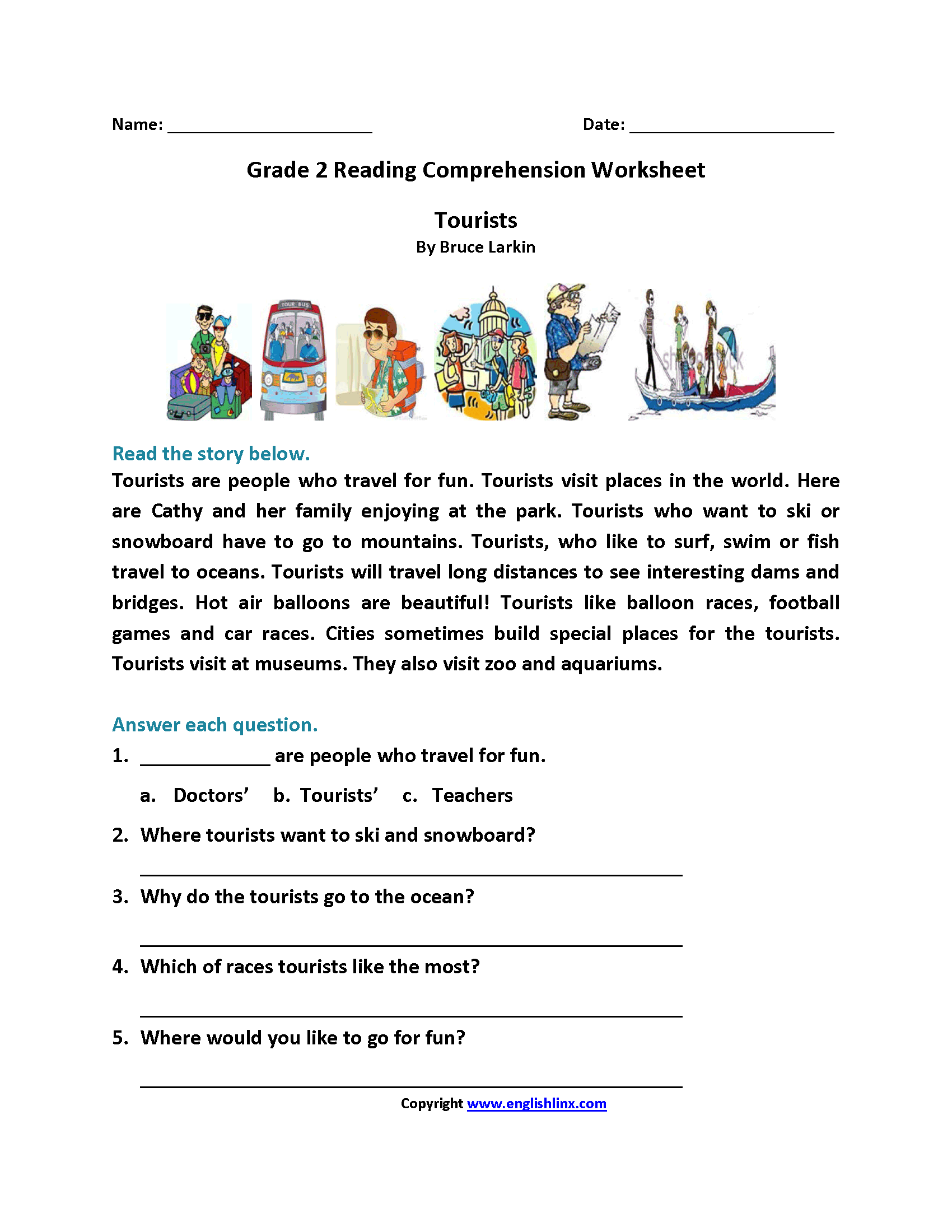Second grade reading comprehension practice test worksheet for classroom use