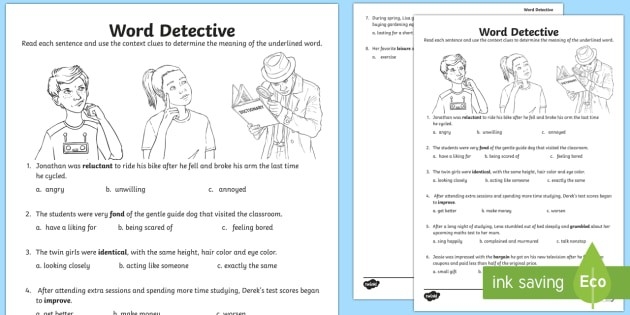Illustration of the Read the Word Clues worksheet for grammar and mechanics learning activities Second grade students engaging with the Read the Word Clues worksheet to discover meanings of unknown words