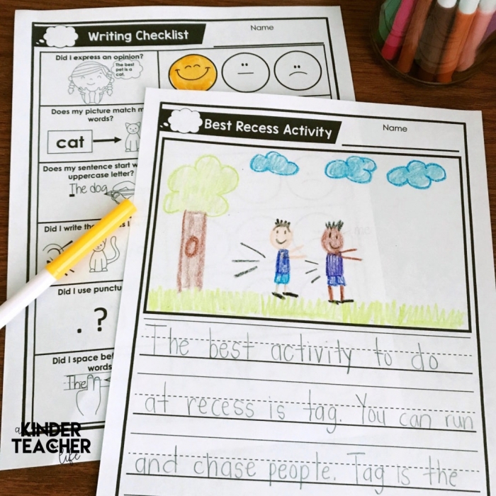 Recess Opinion Writing Worksheet for 2nd Grade Students Image 18 Second grade student using a Recess Opinion Writing worksheet with a pre-writing planner and rubric
