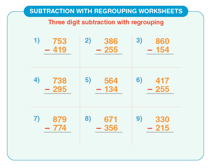 Second grade math worksheet showing subtraction problems that require regrouping with two-digit numbers and visual place value blocks