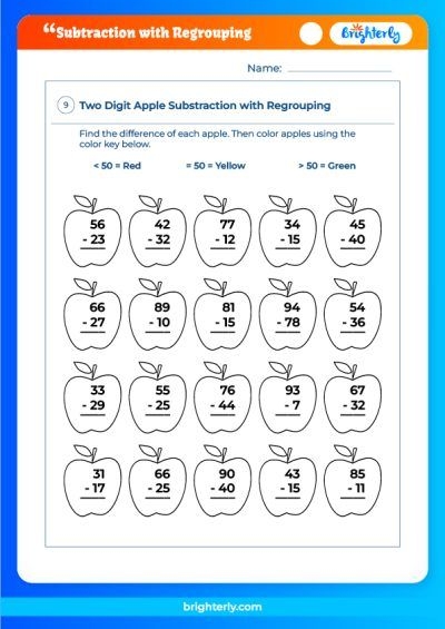 Second grade math worksheet showing subtraction problems that require regrouping or borrowing from the tens place