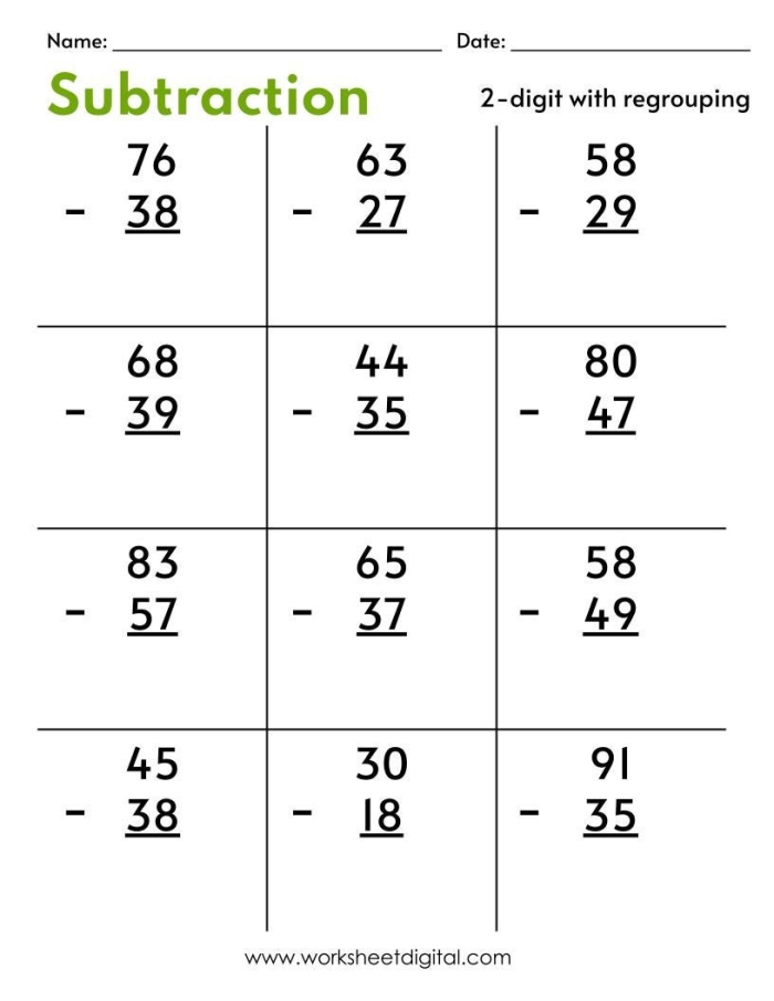 Second grade math worksheet featuring subtraction problems that require regrouping skills
