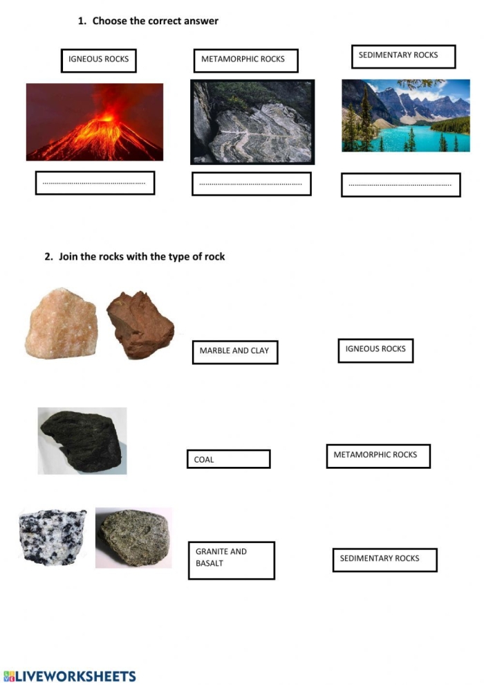 Second grade students identifying igneous sedimentary and metamorphic rock samples on a worksheet