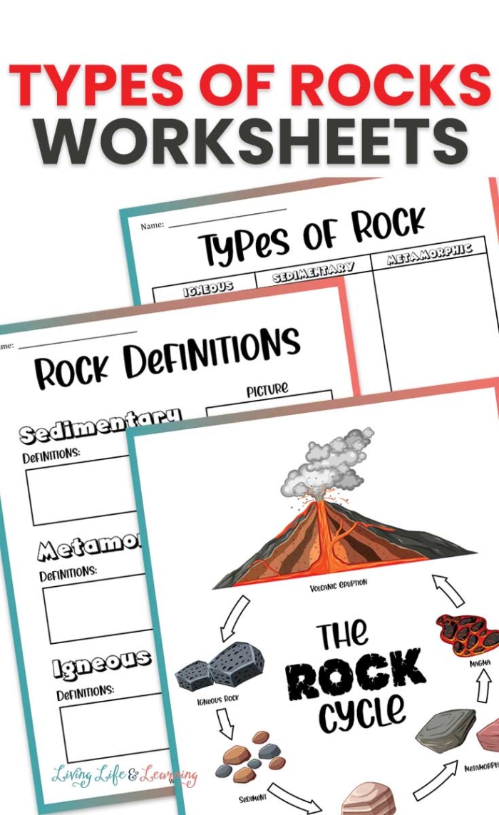 Second grade student identifying igneous, sedimentary, and metamorphic rock samples on a science learning worksheet