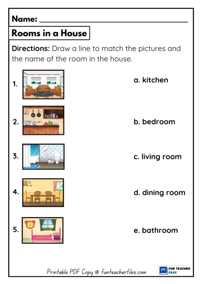 Worksheet for identifying rooms in a house using a word bank