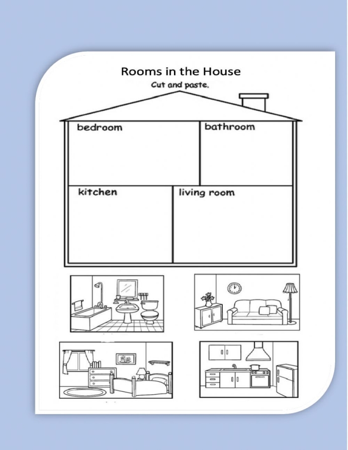 Rooms in a House worksheet for second graders, featuring a word bank for room names