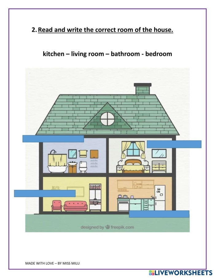 Worksheet for identifying rooms in a house with a word bank for second graders