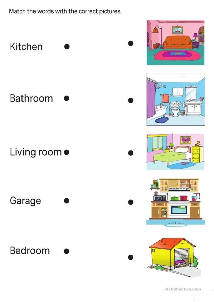 Rooms in a house worksheet featuring a word bank for filling in room names